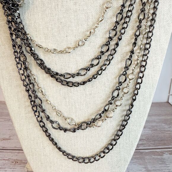Chico’s Layered Knotted Chain Bezel Set Crystal Draped Statement Necklace - Picture 11 of 13